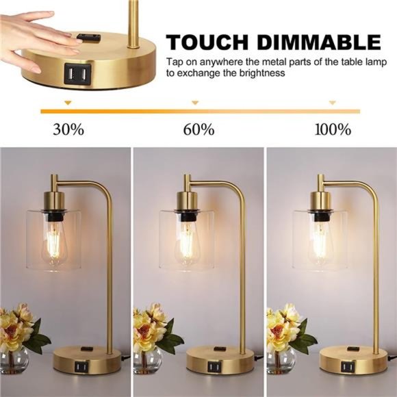 Set of 2 Industrial Touch Control Table Lamps with 2 USB Ports and 2 AC Outlets - Picture 2 of 5